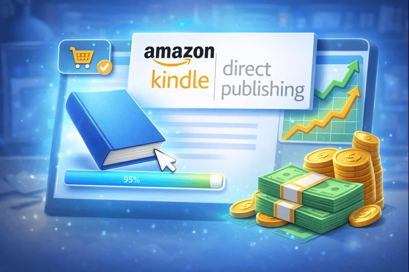 Amazon Kindle Direct Publishing dashboard showing book upload progress and potential earnings