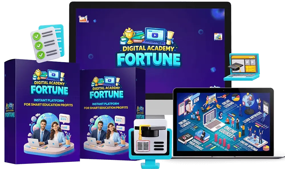 DFY Fortune Digital Academy product dashboard and software box mockup with digital marketing training platform