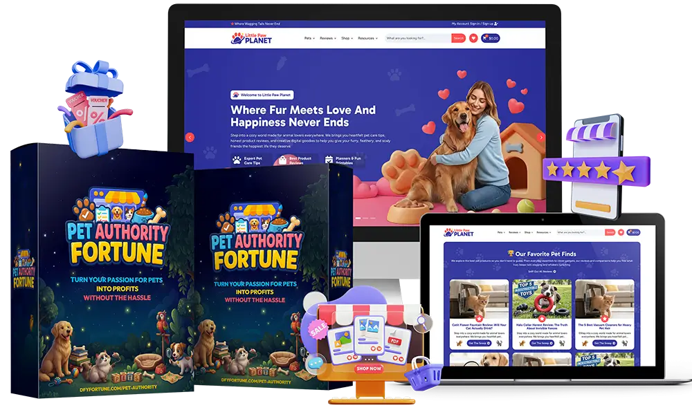 Pet Authority Fortune done-for-you pet authority website with prebuilt content, reviews, and monetization features