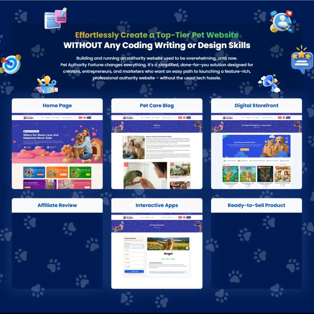 Pet Authority Fortune done-for-you pet website showing homepage, blog, affiliate reviews, interactive apps, and digital storefront