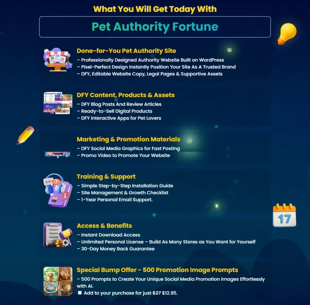 Pet Authority Fortune package overview showing done-for-you website, content, marketing materials, training, and bonuses