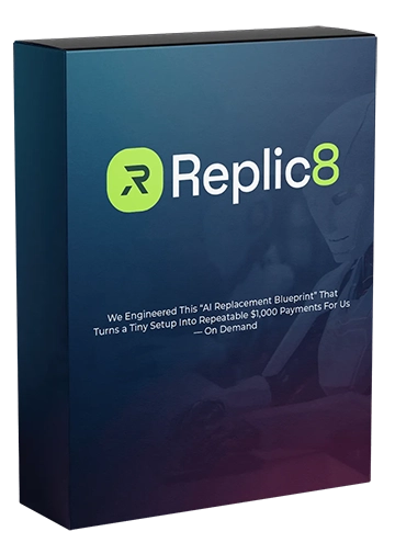 Replic8 AI closing system product box showcasing automated client communication and booking technology