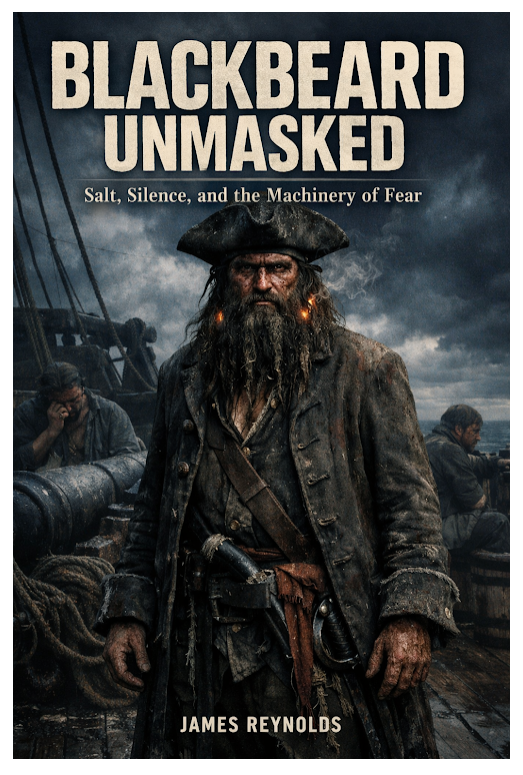 Blackbeard Unmasked book cover featuring a rugged pirate captain on a stormy ship deck