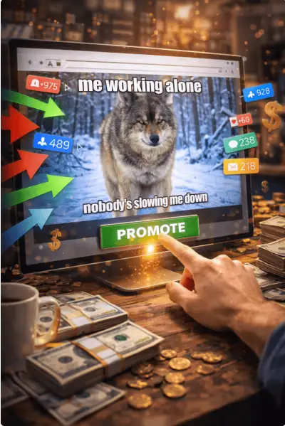 Computer screen showing wolf image with social engagement icons and promote button representing AI traffic and online marketing growth