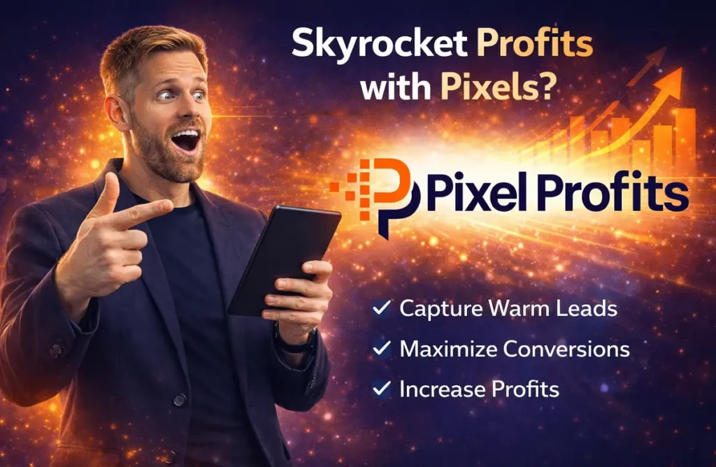 Pixel Profits promotional banner showing excited man holding tablet with skyrocket profits text and growth chart background