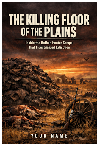 The Killing Floor of the Plains book cover showing buffalo hunter camp and bison carcasses on prairie