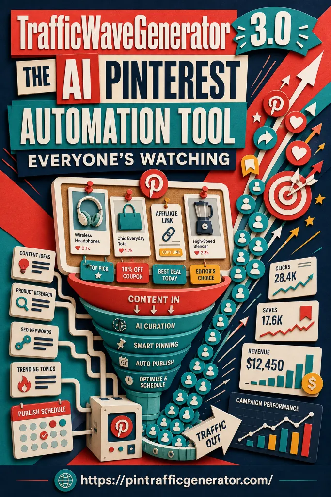 TrafficWave Generator 3.0 infographic showing an AI Pinterest automation workflow with content curation, smart pinning, publishing, scheduling, traffic analytics, and affiliate marketing visuals.