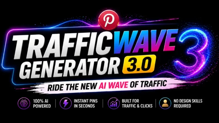 TrafficWave Generator 3.0 logo promoting AI-powered Pinterest pin creation for traffic and clicks.