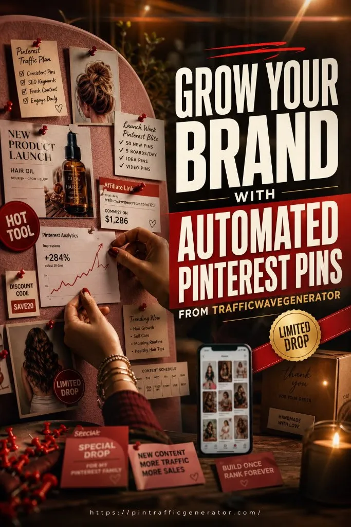 TrafficWave Generator 3.0 promotional graphic featuring a Pinterest content board, product launch notes, analytics chart, and automated Pinterest pin marketing message.