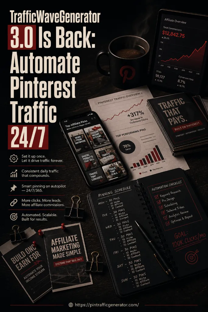 TrafficWave Generator 3.0 promotional graphic showing Pinterest automation tools, traffic charts, campaign planning, and affiliate marketing materials.
