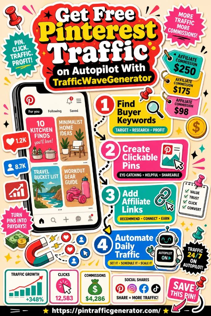 TrafficWave Generator infographic showing a Pinterest marketing workflow with keyword research, clickable pin creation, affiliate links, and automated scheduling.