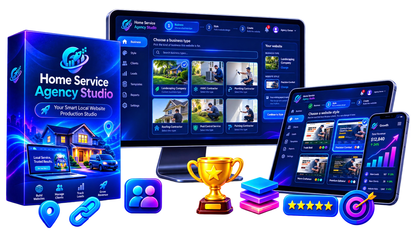 Home Service Agency Studio dashboard showing local business website templates, client management, lead tracking, and responsive website previews