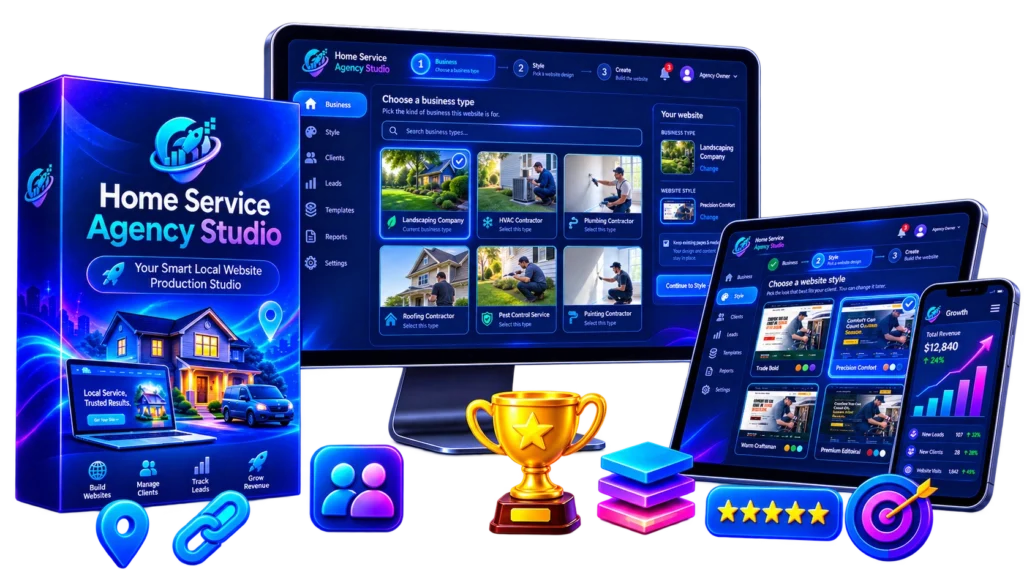 Home Service Agency Studio dashboard showing local business website templates, client management, lead tracking, and responsive website previews