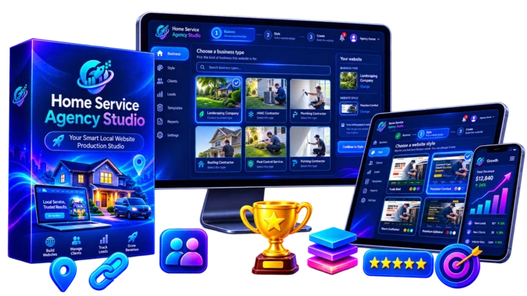 Home Service Agency Studio dashboard showing local business website templates, client management, lead tracking, and responsive website previews